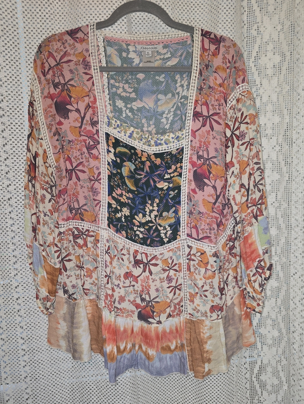 John Mark Mixed Floral Print Top, Boho, Flowy, Colorful Womens Blouse. XL